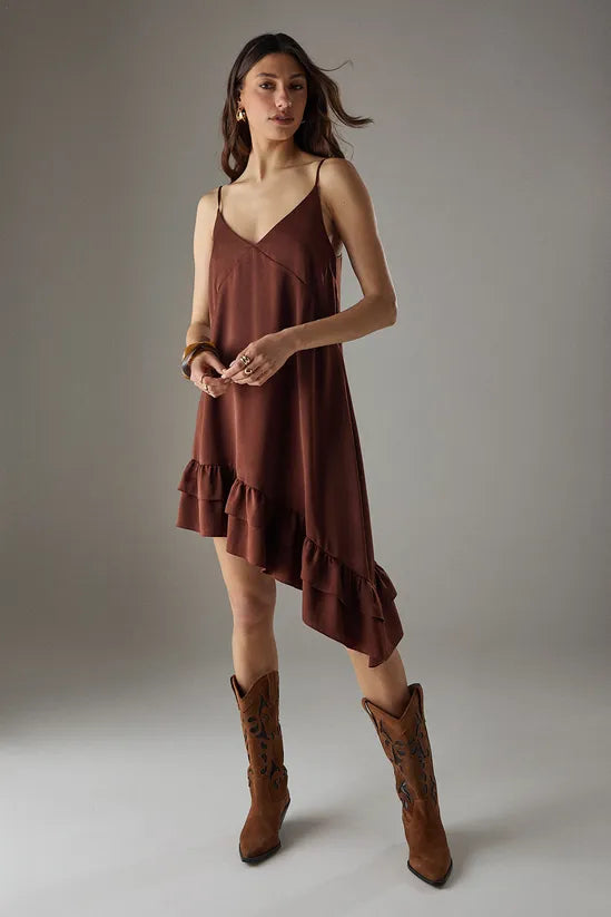 Satin Asymmetric Ruffle Mini Strappy Dress