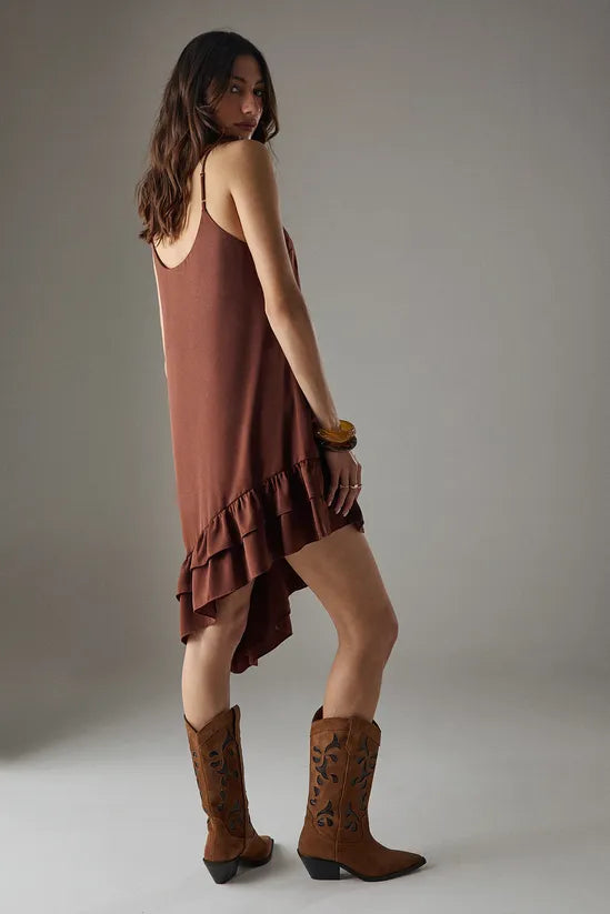 Satin Asymmetric Ruffle Mini Strappy Dress