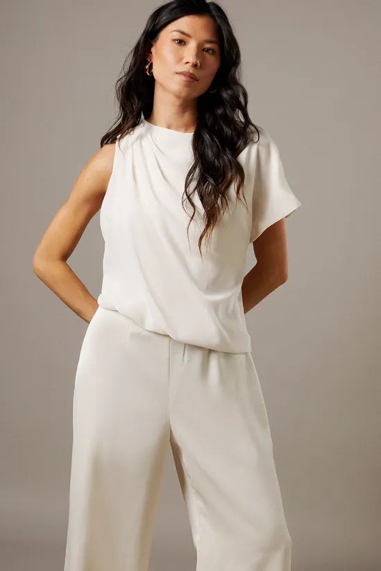 Satin Chiffon Mix One Shoulder Drape Jumpsuit