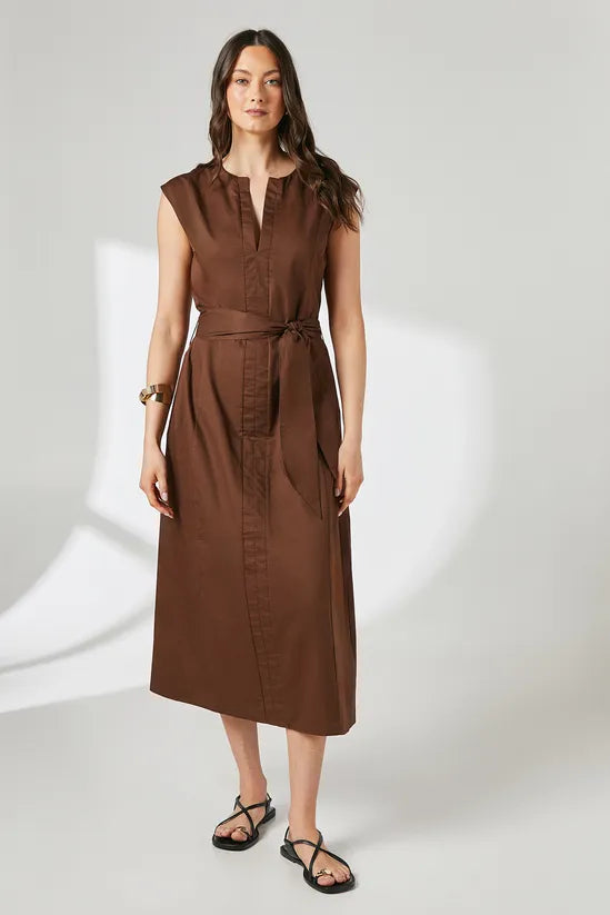 Brown Notch Neck Tie Waist Midi Dress