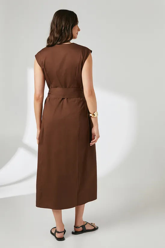 Brown Notch Neck Tie Waist Midi Dress