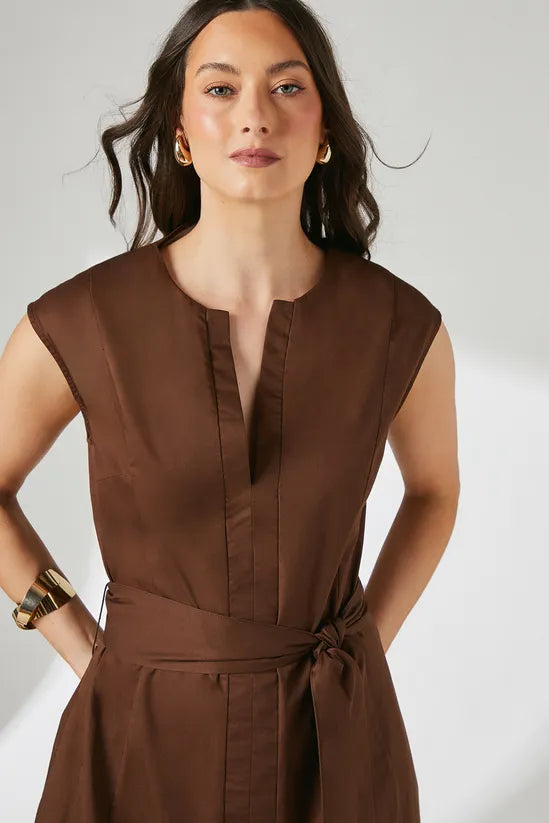 Brown Notch Neck Tie Waist Midi Dress