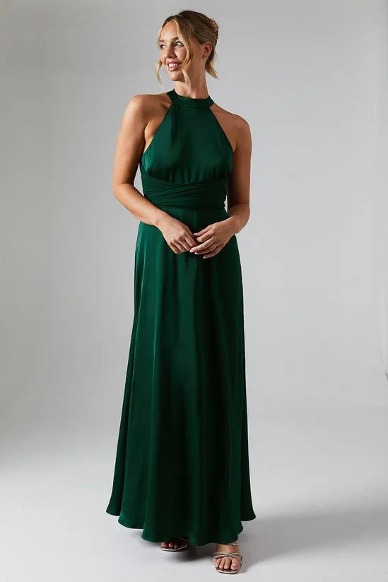 Wrap Waist Detail Satin Halter Neck Bridesmaid Dress