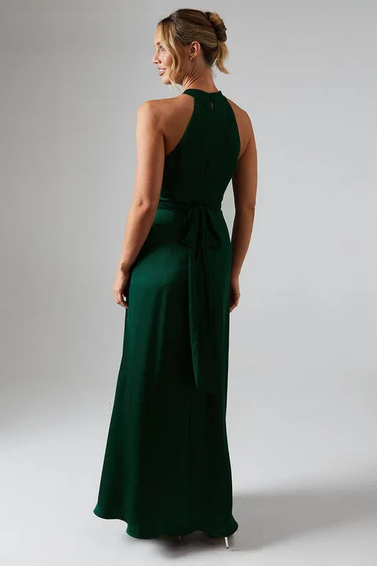 Wrap Waist Detail Satin Halter Neck Bridesmaid Dress