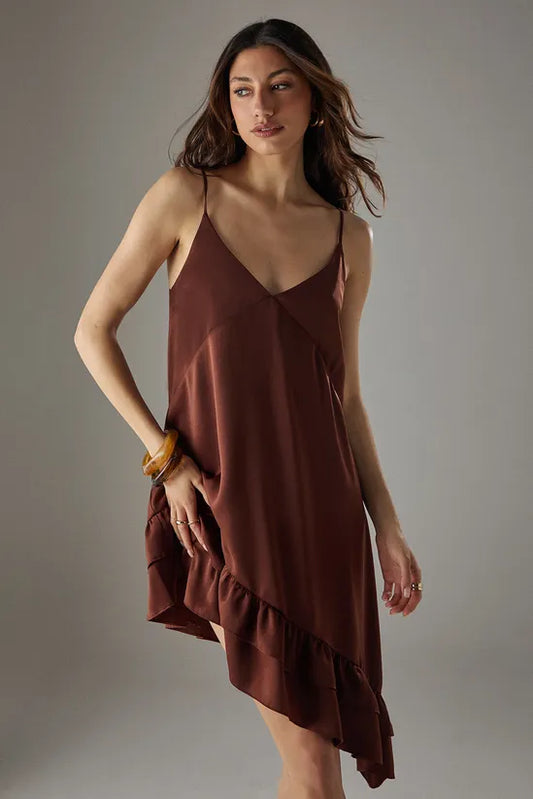 Satin Asymmetric Ruffle Mini Strappy Dress