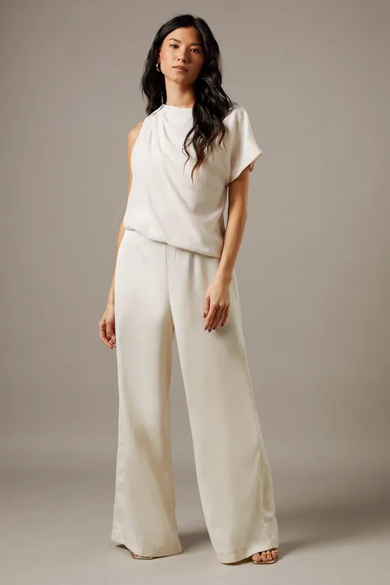 Satin Chiffon Mix One Shoulder Drape Jumpsuit
