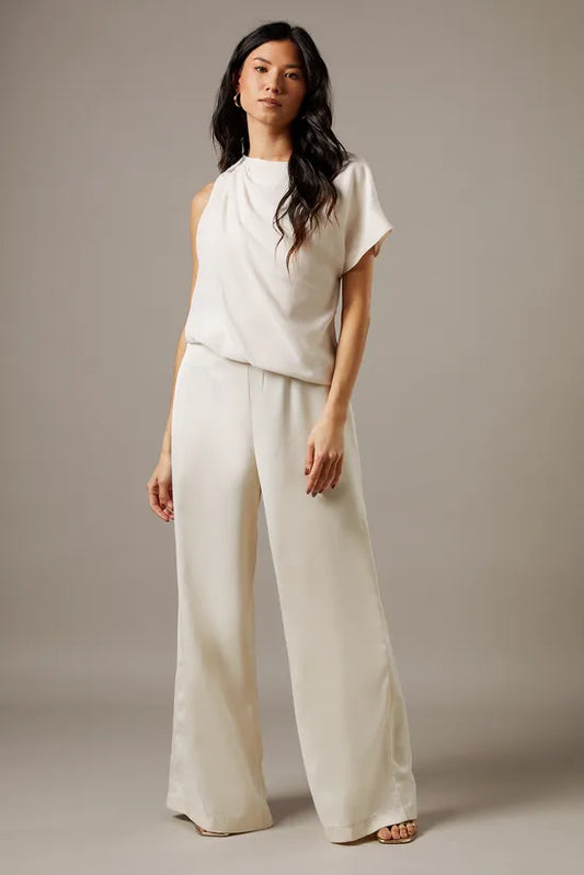 Satin Chiffon Mix One Shoulder Drape Jumpsuit