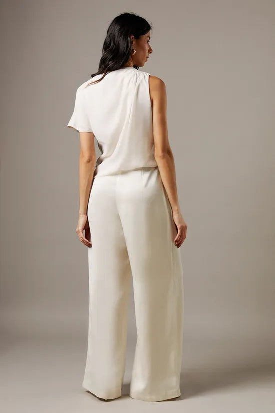 Satin Chiffon Mix One Shoulder Drape Jumpsuit