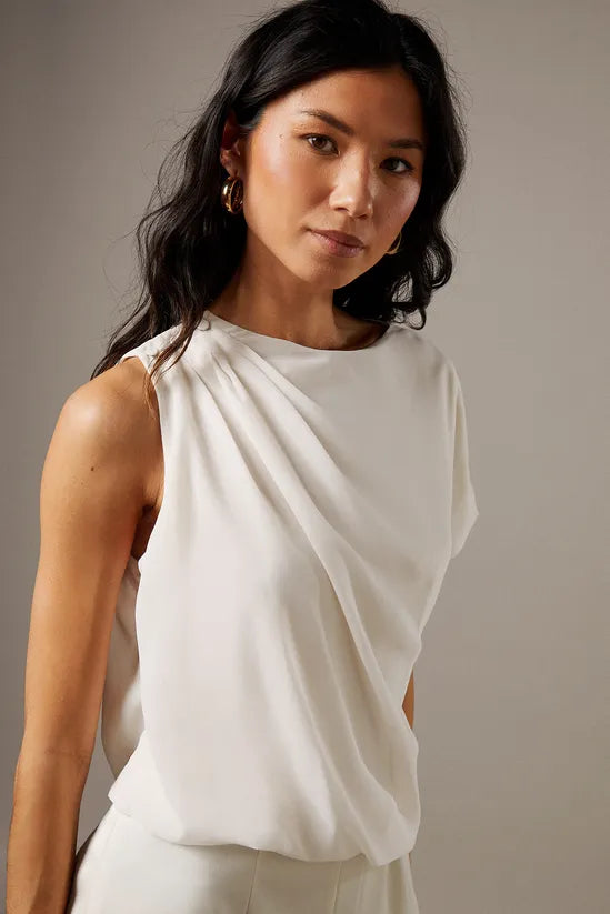 Satin Chiffon Mix One Shoulder Drape Jumpsuit
