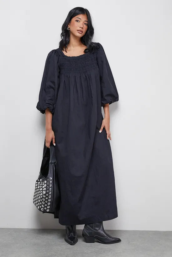 Cotton Shirred Square Neck Midi Dress