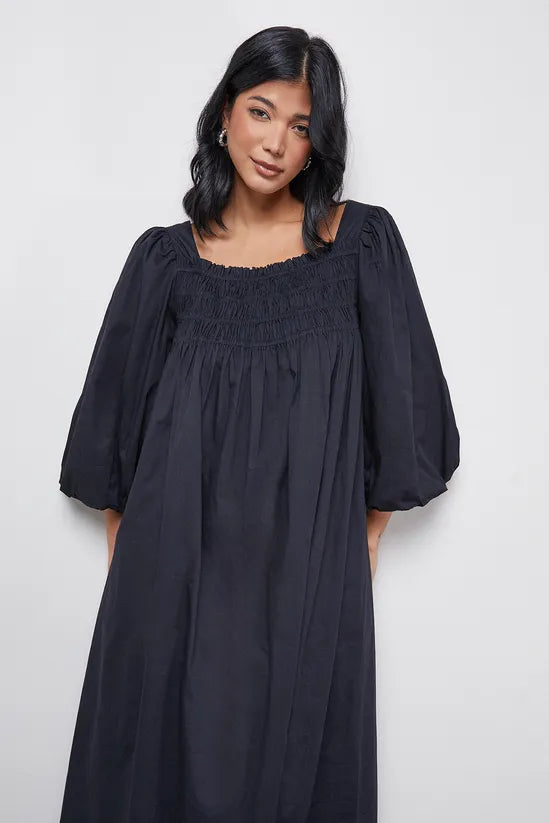 Cotton Shirred Square Neck Midi Dress