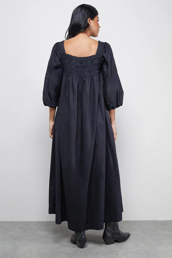 Cotton Shirred Square Neck Midi Dress