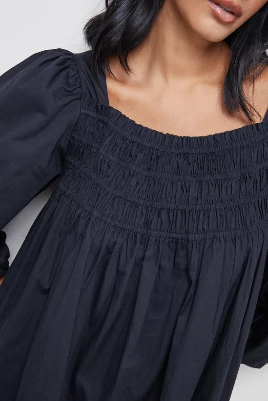 Cotton Shirred Square Neck Midi Dress