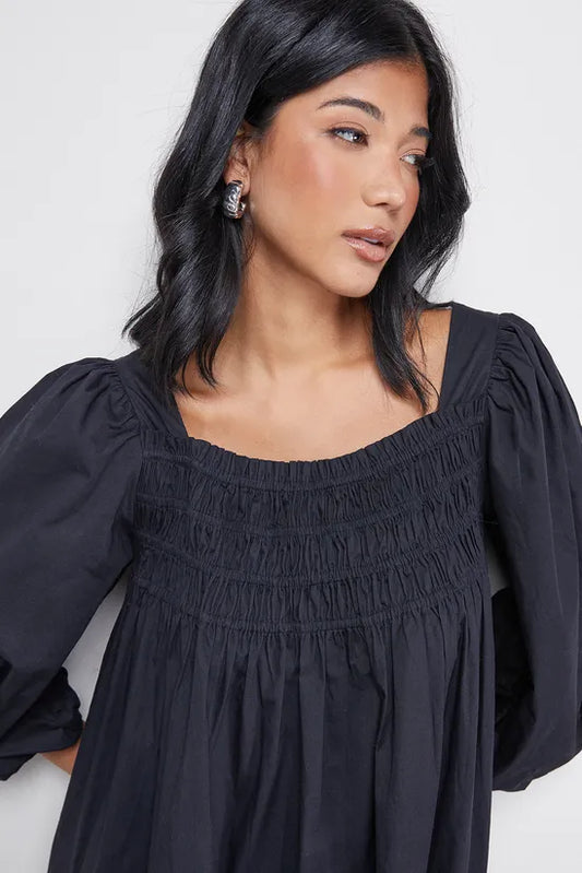 Cotton Shirred Square Neck Midi Dress