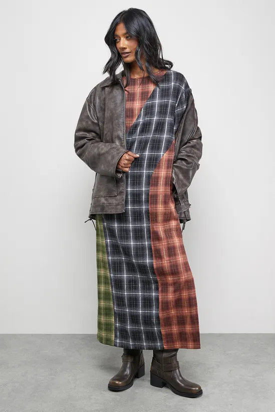 Mixed Panelled Check Oversized Midi T-Shirt