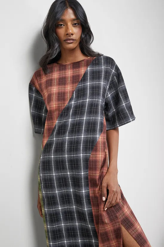 Mixed Panelled Check Oversized Midi T-Shirt