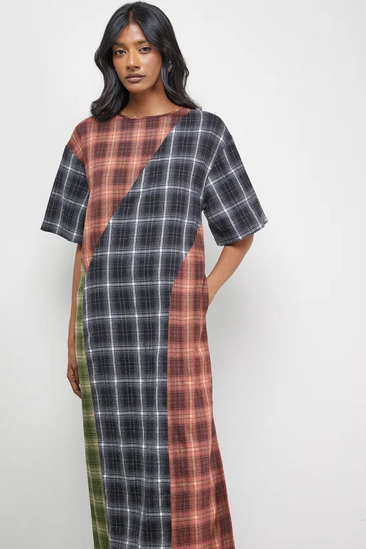 Mixed Panelled Check Oversized Midi T-Shirt