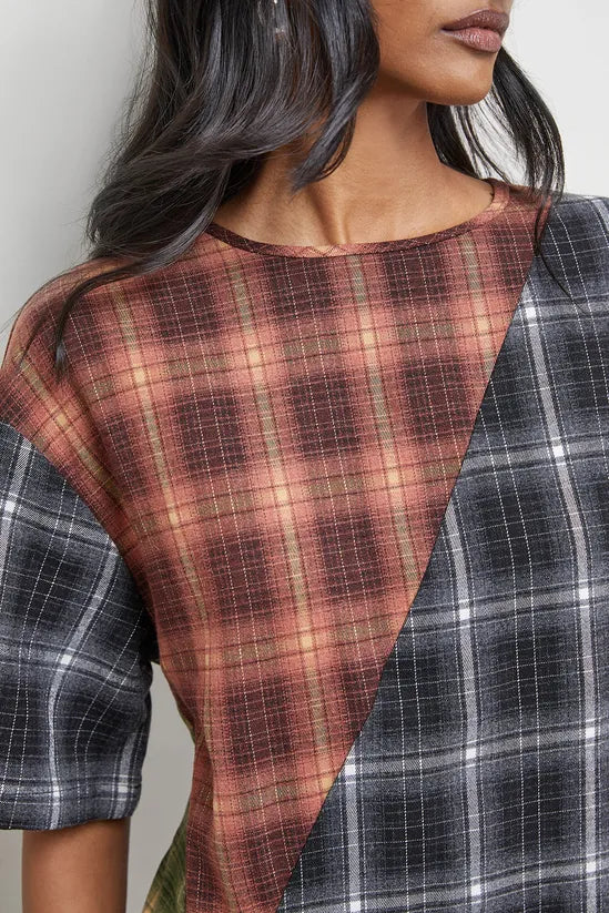Mixed Panelled Check Oversized Midi T-Shirt