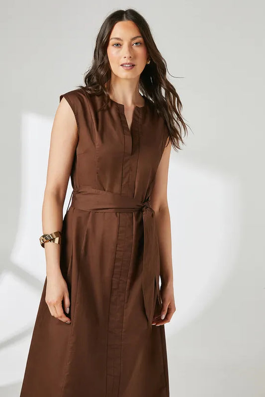 Brown Notch Neck Tie Waist Midi Dress